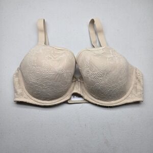 Warner's Women Bra 36DDD Beige Floral T Shirt Underwired Lace Bow REA